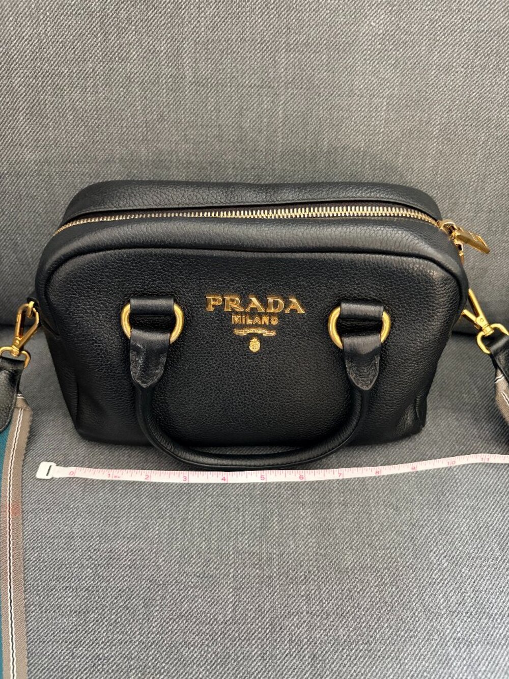Prada Bauletto Vitello Phenix Black Leather Bag 1BB108 Dust Bag Auth Card Strap